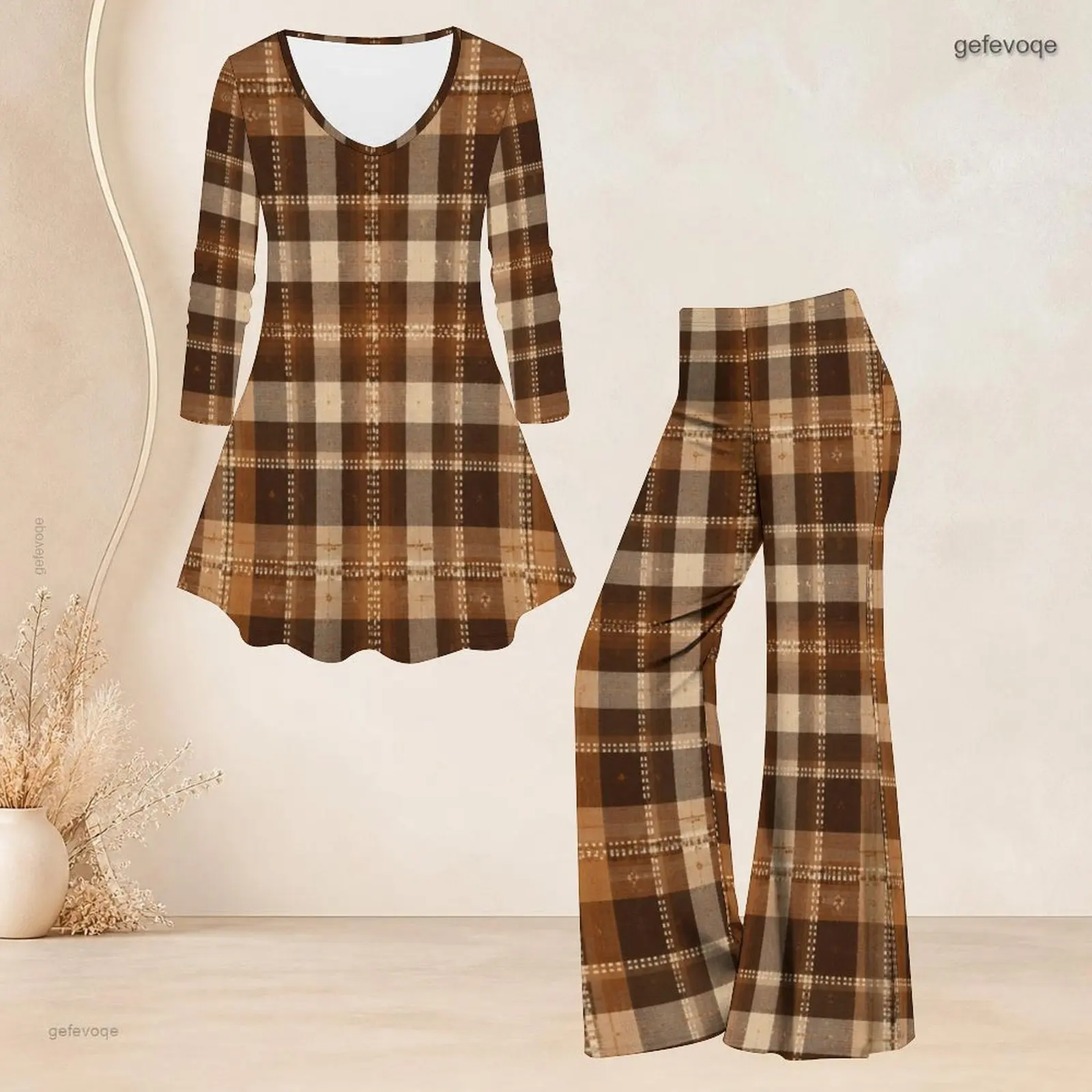 Printed Pants Set for Women Round Neck Three Quarter Sleeve Flared Top Flared Pants Two Piece