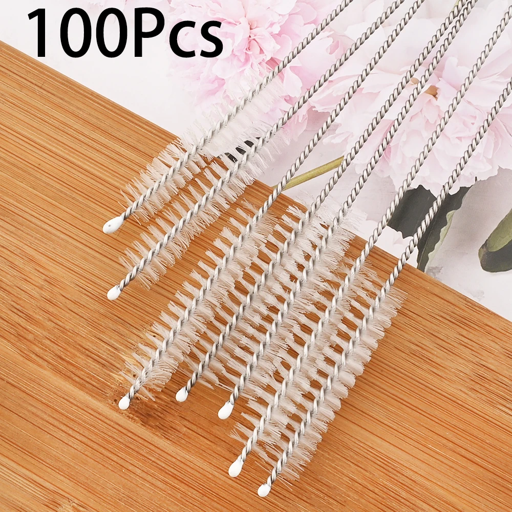 100Pcs Nylon Stainless Steel Drinking Straw Cleaner Brush Reusable Eco-Friendly Straw Cleaning Brush Set Soft Hair Cleaning Tool