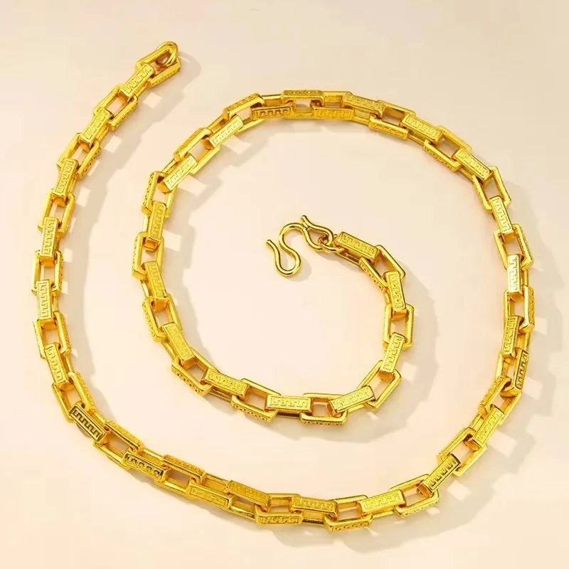 

Elnar Jewelry Luxury 24K 9999 Pure Gold real gold Square Great Wall Pattern Men's Necklace Three-dimensional Box Chain