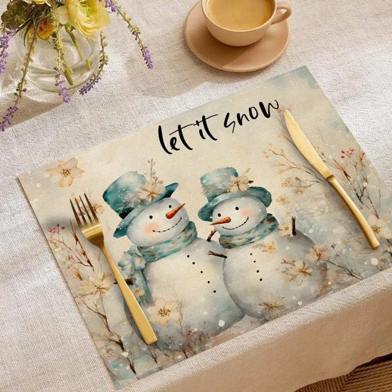 4/6/8pcs Winter Christmas Placemats 40x30cm Elk Snowman Print Place Mats Linen Non Slip Heat Resistant Decoration Dining Table