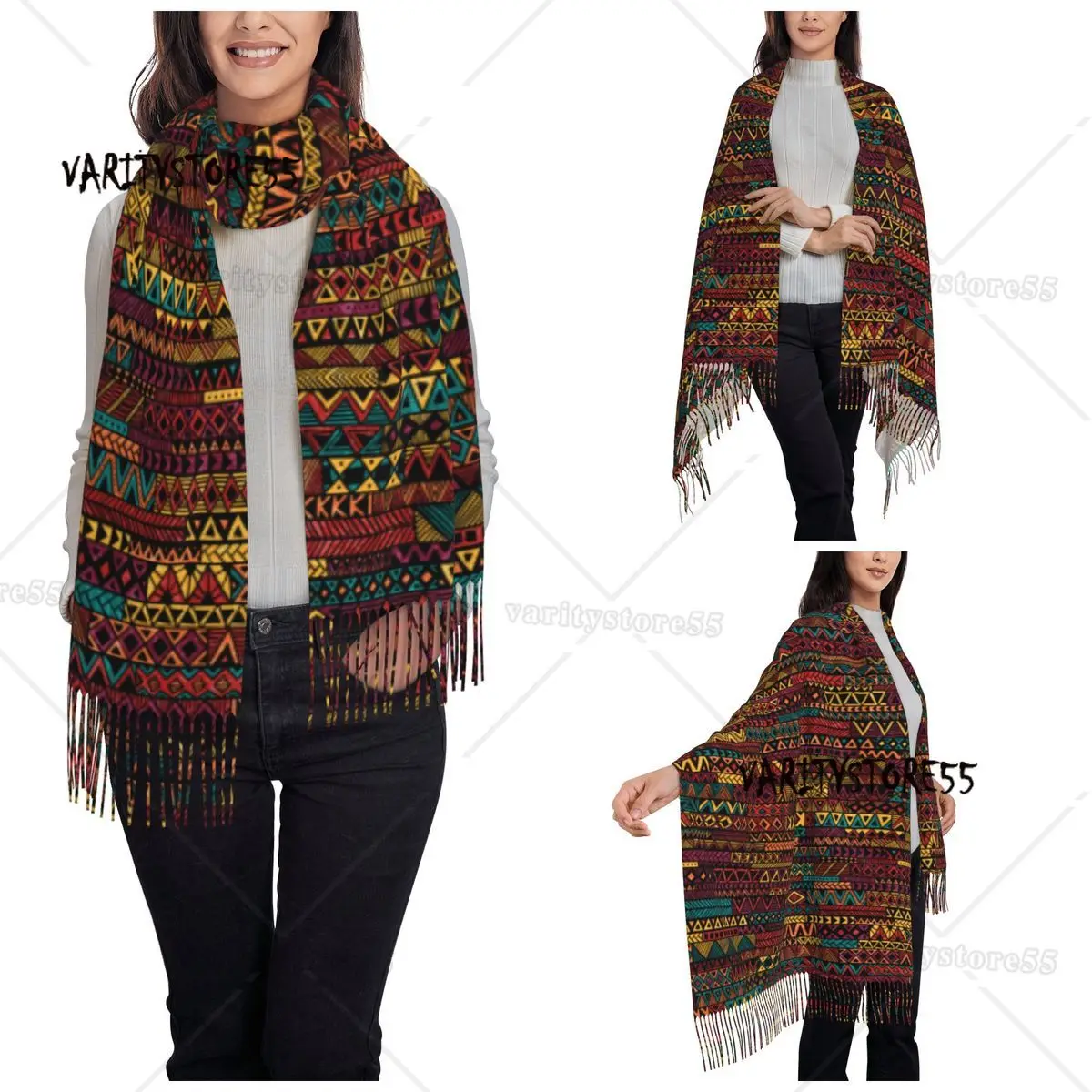 Ethnic Style Scarf for Womens Warm Winter Shawl Wrap Large Scarves with Tassel Ladies