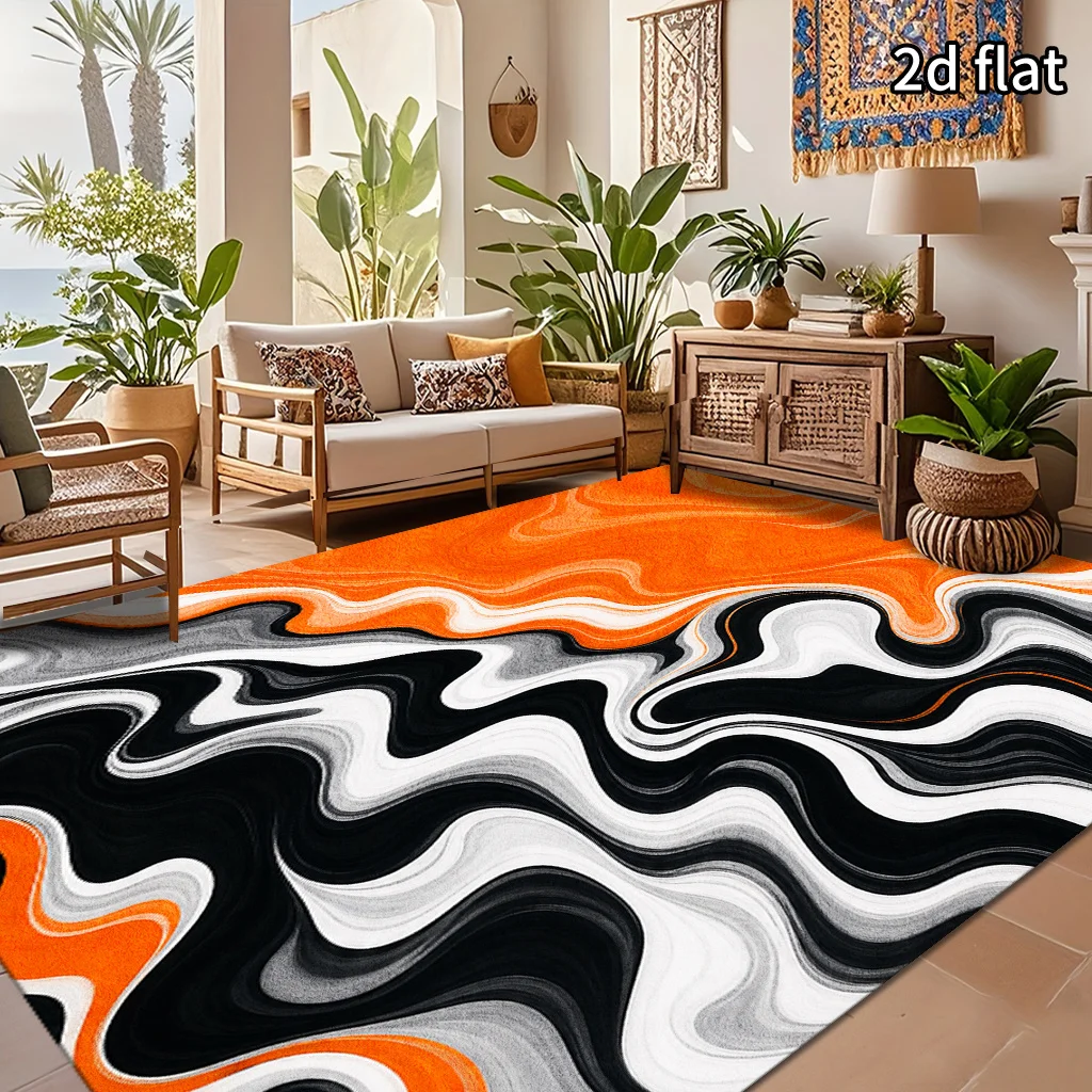 2D Flat Modern Abstract Orange‑Black‑Grey Fluid Texture Rug, Non‑Slip Washable Mat for Living Room Bedroom Entryway Indoor Decor