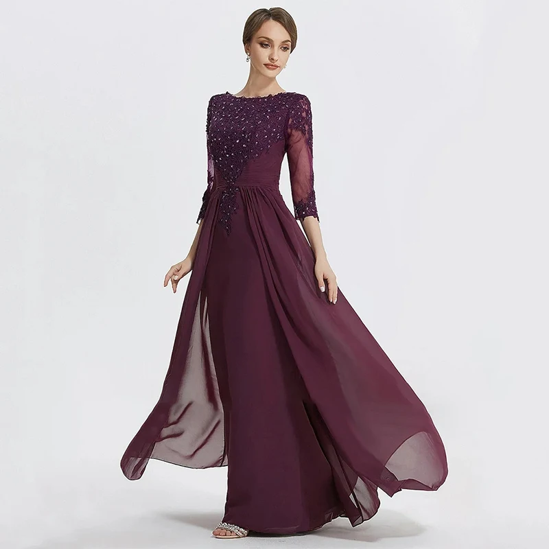 ชุดราตรีสีแดงไวน์สำหรับผู้หญิง คอทรงเรือ แขนสามส่วนแบบซีทรู ชุดแม่เจ้าสาว ชุดงานเลี้ยงอาหารค่ำ ชุดงานพรอม