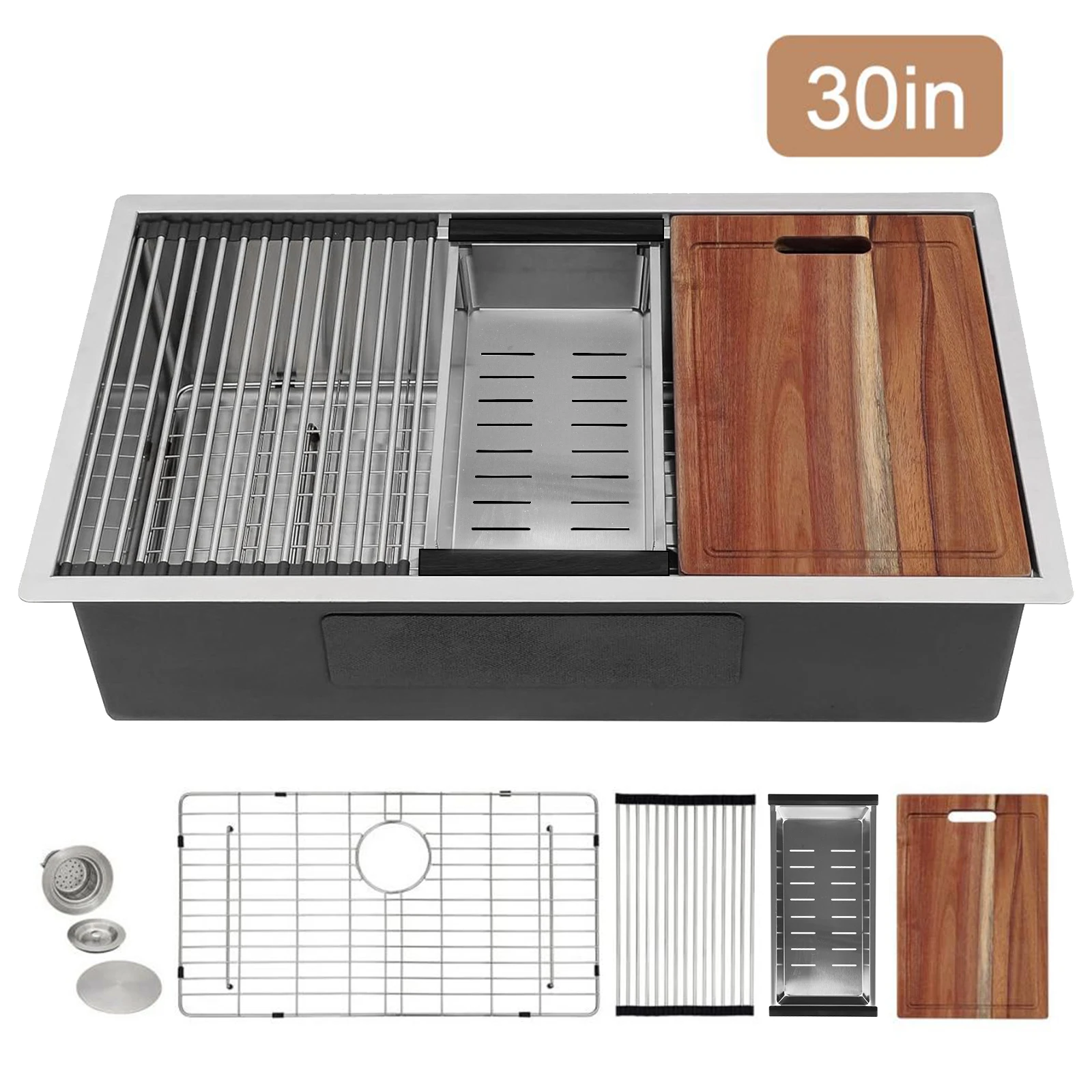 16 مقياس حوض المطبخ السفلي اليدوية 30/33 بوصة بالوعة الغسيل مع أسفل شبكة سلة مصفاة وعاء واحد محطة العمل الحافة #6