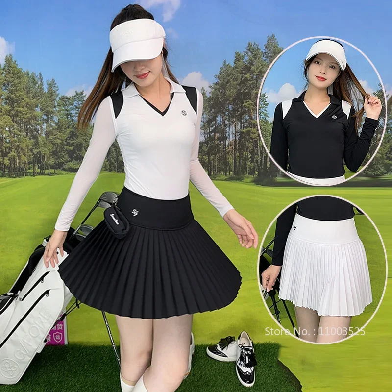 SG Golf Long Sleeve Sunscreen Tops Women Ice Silk Tennis Sports Shirt Jersey Ladies Pleated Skort Golf Skirt Suit With Small Bag