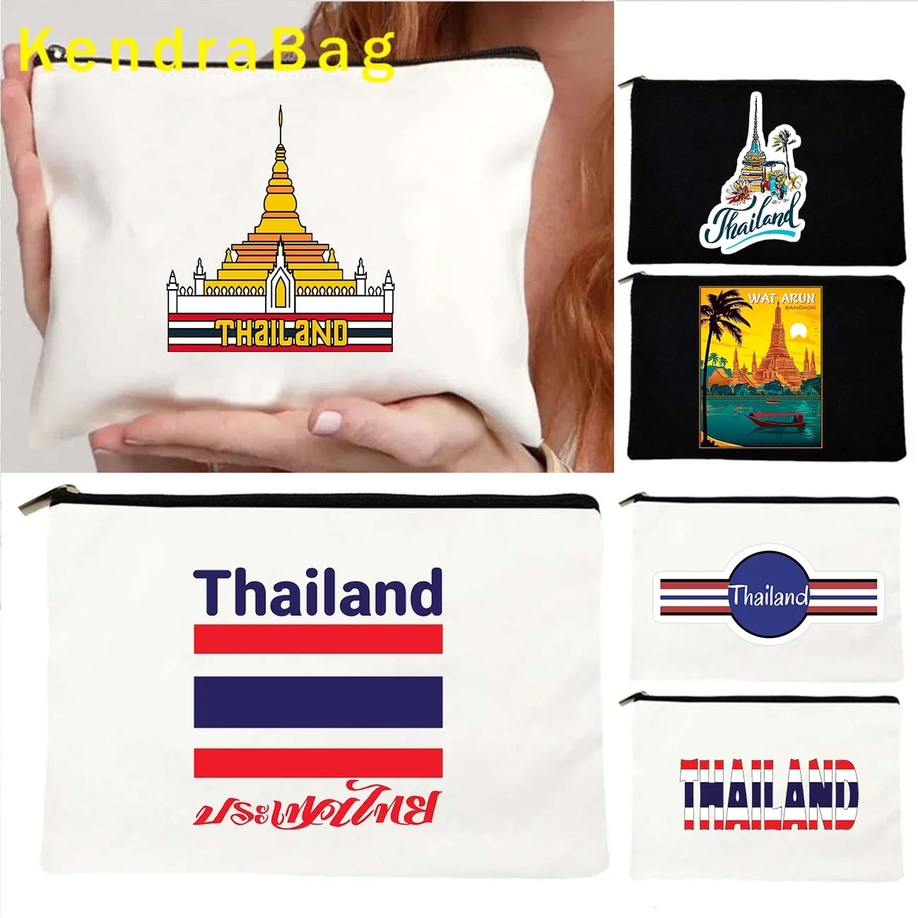 Vintage BANGKOK PHUKET THAILAND Flag Gift Wat Arun Temple of Dawn Canvas Cosmetic Bag Makeup Toilet Bag Pencil Case Zipper Pouch