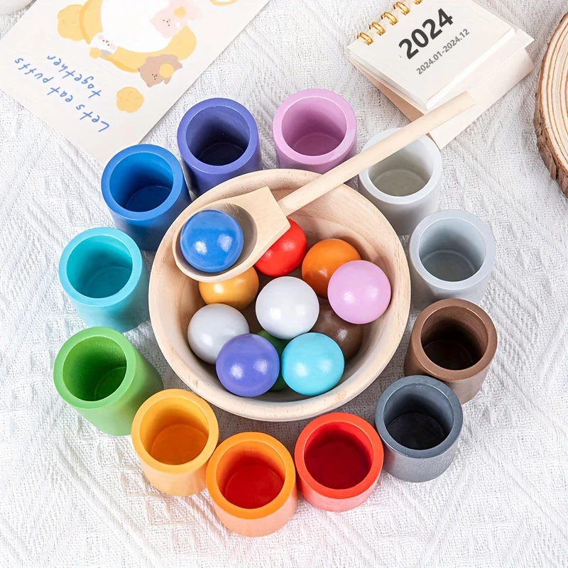 

Rainbow Balls in Cups Toddler Montessori Toys Kids Early Wooden Color Matching Games for Learning Color Sorting and Counting