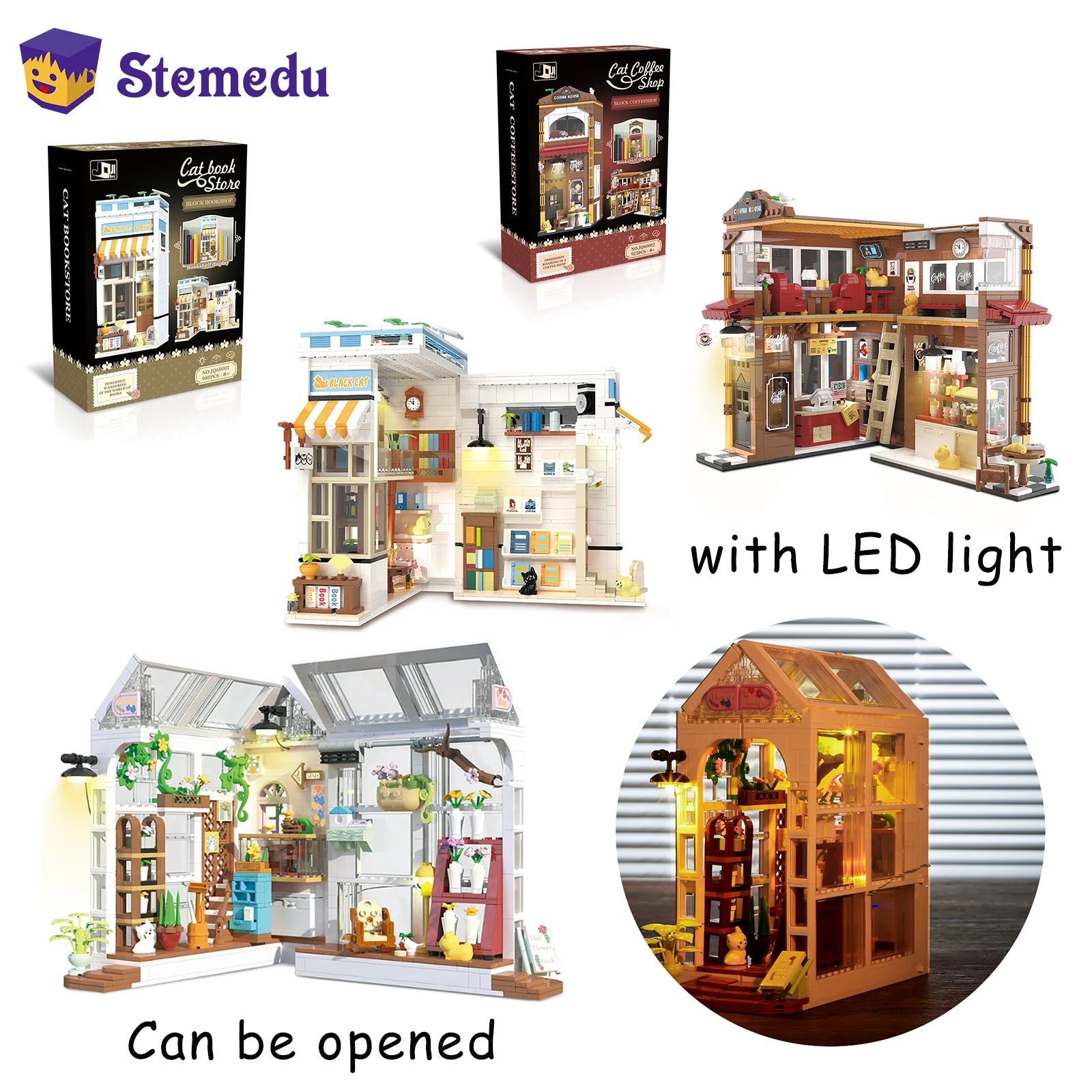 

MOC Cat Книжный магазин Кафе Цветочный магазин Расширяемые строительные блоки Вид на улицу Креативные подставки для книг со светом Детские игрушки Подарки для взрослых