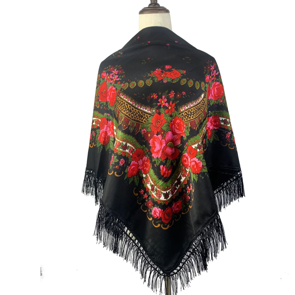 Grand Foulard Carré Imprimé Floral Rétro pour Femme, Bandana Russe à Franges, Pashmina Ethnique, 120x120cm