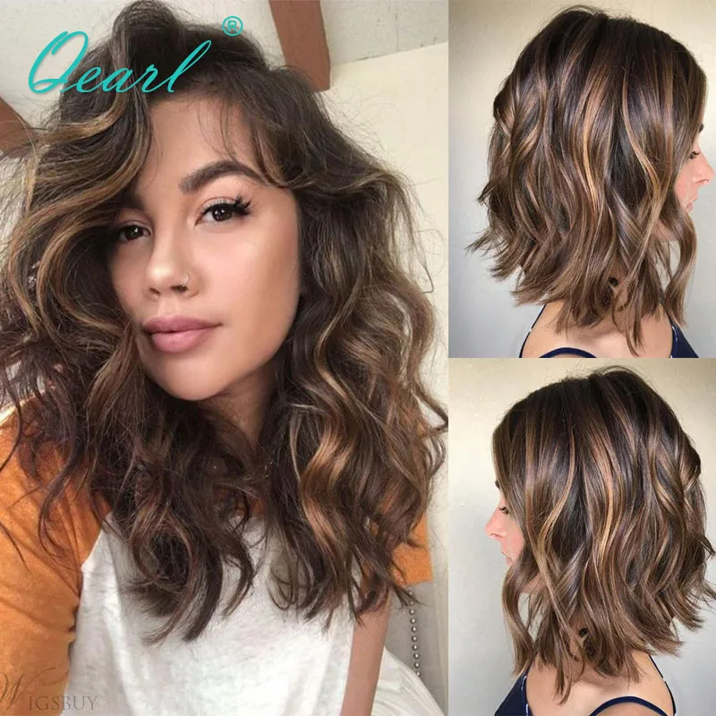 Ombre curto bob ondulado cabelo humano perucas dianteiras do laço hd invisível 13x4 peruca frontal do laço para as mulheres marrom mel loira destaques qearl