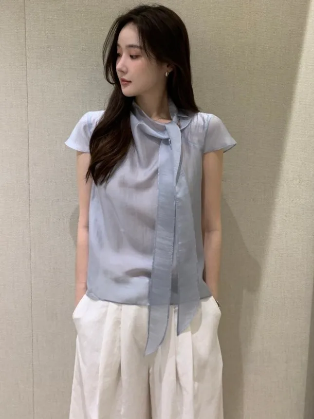 Csa e doce de manga curta para mulheres com faixa e nó borboleta estilo casual solto ajuste cor pura verão