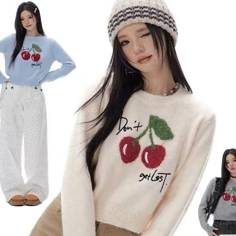 Winter Sweet Mori Girl Jacquard Sweater Cute Cherry Pattern Y2K Jumper Tops Women Korean Style Loose Crop Tops Streetwear Casual