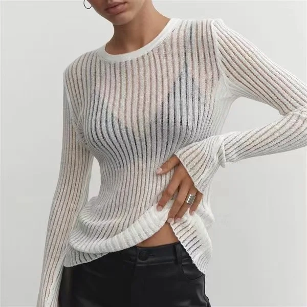 

2023 Spring/Summer New Long Sleeved Round Neck Thin Breathable Knitted Wool Top