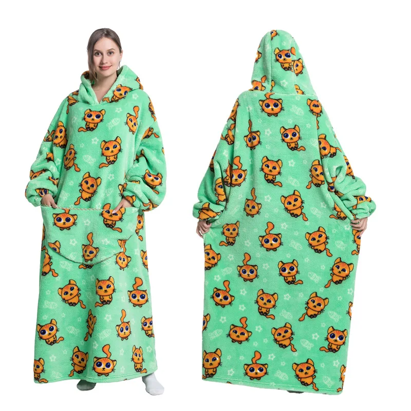 Luxury Winter Oversized Hoodies Sweatshirt Cartoon Dinosaur Panda Super Warm Long Hooded Blanket Flannel Lazy TV Blanket Pajamas