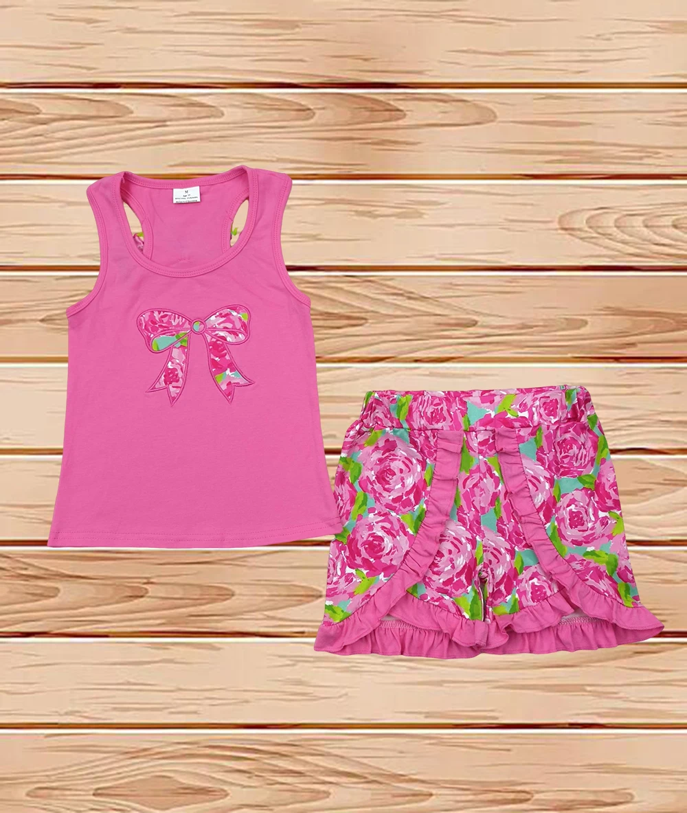 

4.30 Wholesale Western Boutique children clothing Embroidery Baby Girls Flower Bow Vest Top Ruffle Shorts Clothes Sets
