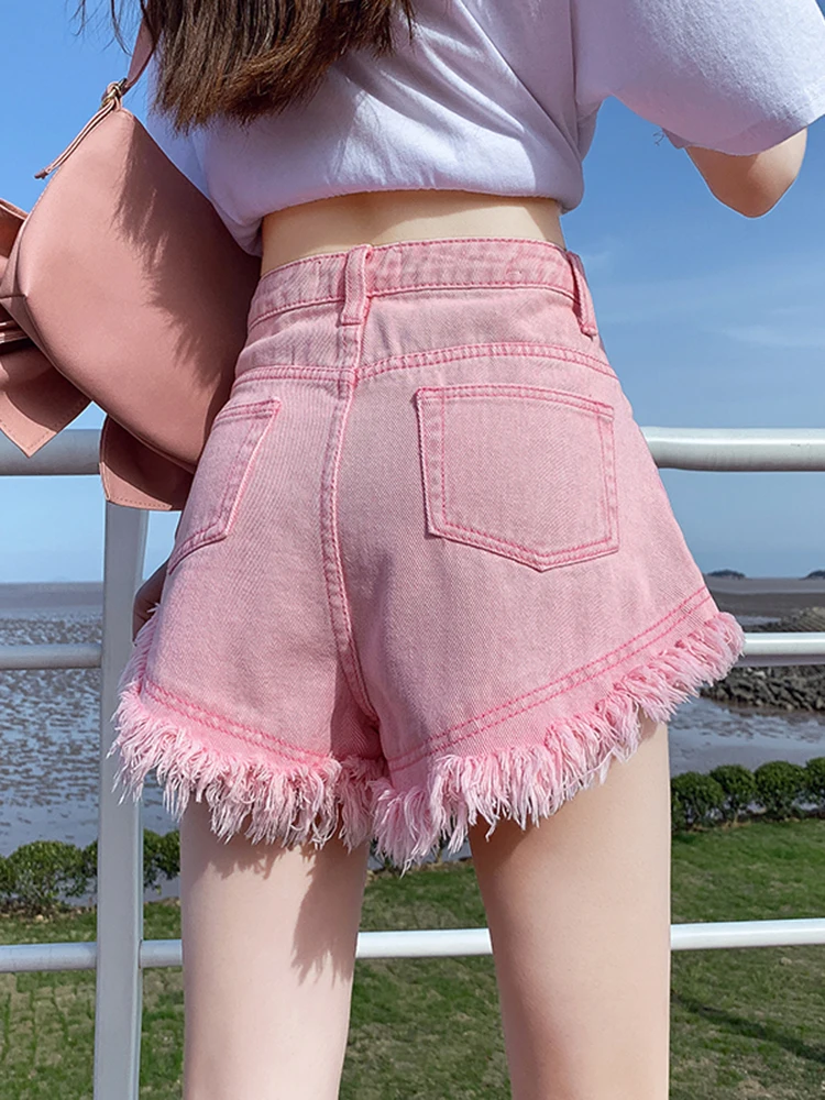 

High Waist Flared Denim Shorts Women's Summer 2026 New Style A-Line Hot Pants Pink Washed out Hemline Loose Fit Jeans