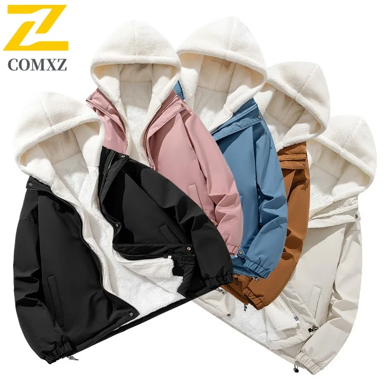 

COMXZ 2025 Autumn Winter Sherpa Two Piece Hooded Jacket Unisex Thick Fleece Lined Fashion Outdoor Sports Casual Solid Color Coat