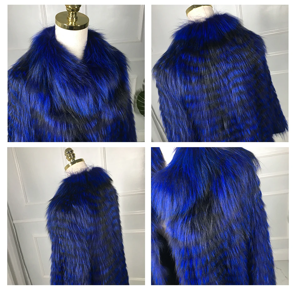 Free Shipping Women Long Striped Style Royal Blue Long Real Sliver Fox Fur Coat