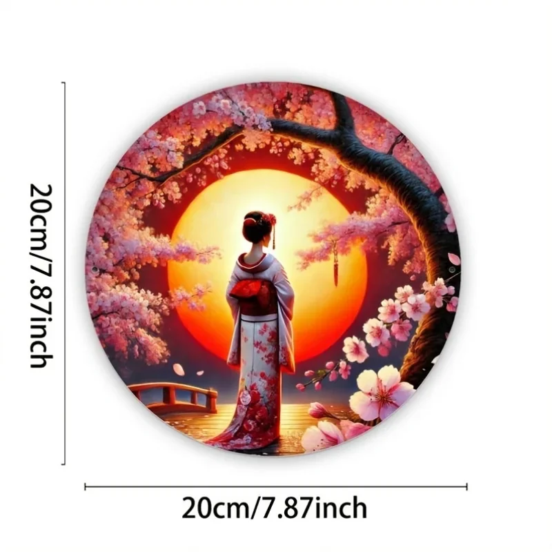 Room Decoration 1-Piece Set of Vintage Japanese Cherry Blossom Aluminum Wall Art, 8x8inch Round Metal Signs, Durable and Waterproof