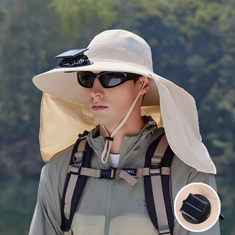 

Men Outdoor Wide Brim Sun Hat with Solar Fan Fishing Hat Hiking Camping Visor Hat Removable Fisherman Hat Tool UV Protection Hat