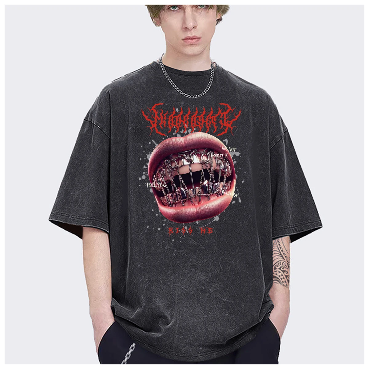 Streetwear Vermilion border red lips kiss me harajuku Oversized mens  t shirt Womens Fashion Casual Vintage Washed Cotton Tops