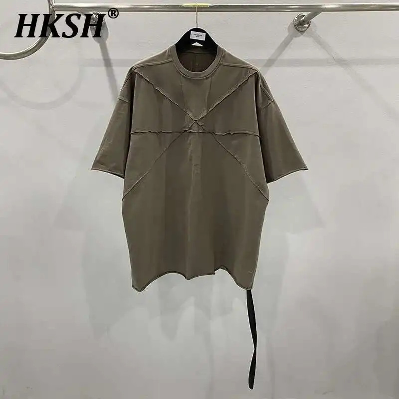 HKSH Letnia Wiosna Męska Tide Streetwear Spliced T-shirt Bawełniany Luźny Duży Wytrzymały Gruby Dzianinowy Top Trend Ciemny Punk Tees HK2009