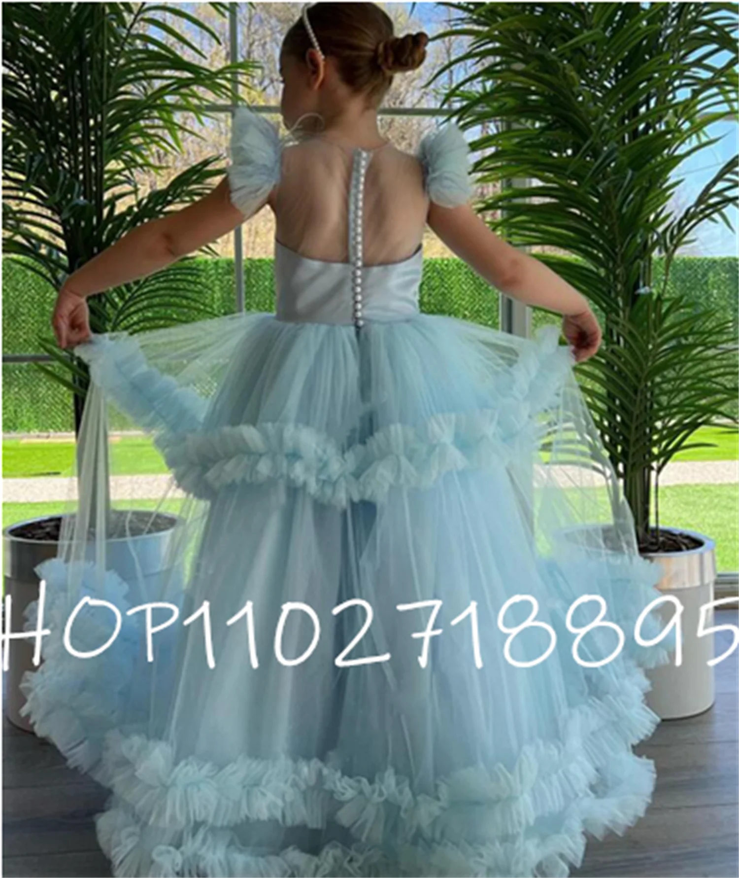 

Sky Blue A-line Flower Girl Dress for Wedding Sheer Neck Buttons Back Child Prom Pageant Gown First Communion Size 1-16T