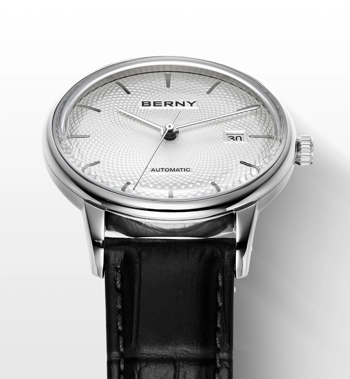 BERNY Automatikuhren für Herren, luxuriöse klassische mechanische Herrenuhr, gewölbtes Glas, Kalender, elegante, schlanke Armbanduhr – Detail 4