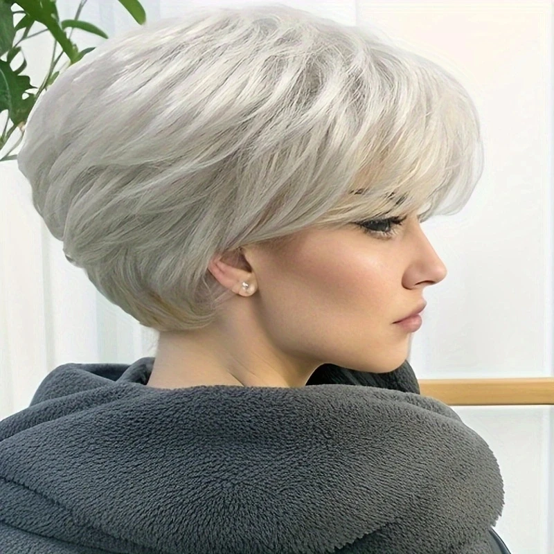 Short Straight Hair for Women Gray Synthetic Wigs with Bangs Soft Healthy Mommy Daily Wig Female Cosplay Party