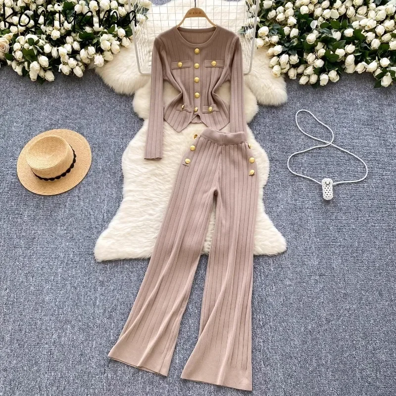 Metal Buckle Two Piece Sets O-neck Sweater+high Waist Straight Wide Leg  Pant 2025 Spring Autumn New Knitted Suit Women