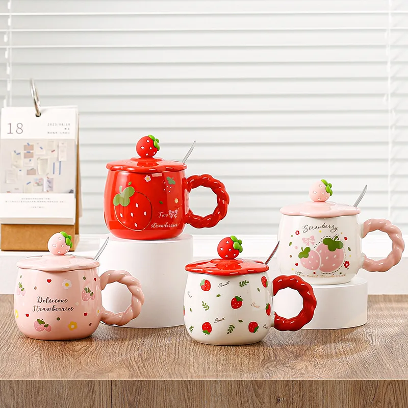 Cute Strawberry Mug Cartoon Fruit Ceramic Mug Large Capacity Water Cup High Appearance Level Girls Breakfast Cup Home