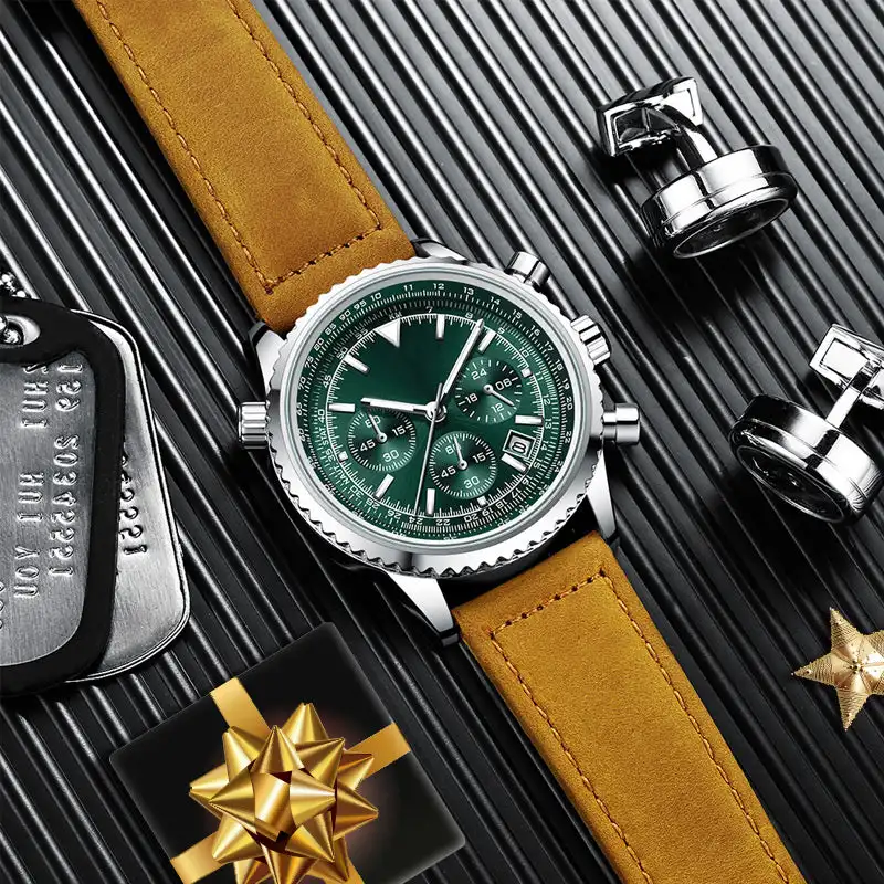 Men\'s Leather Strap Quartz Watch Multifunction Chronograph Waterproof Date Analog Quartz Watch