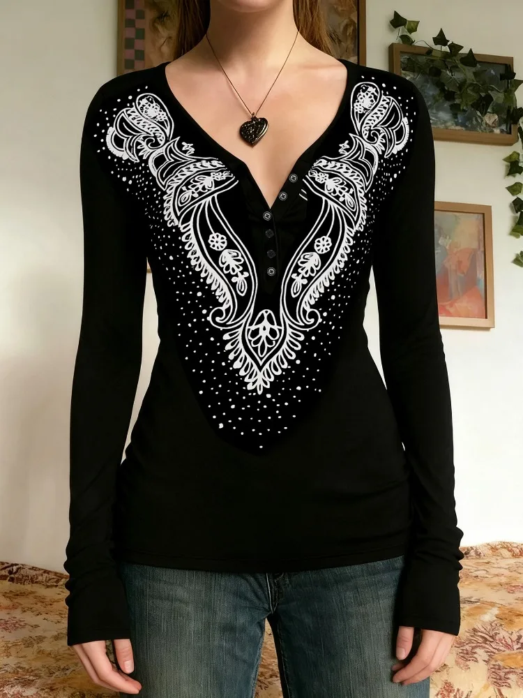 2026 New Vintage Streetwear Gothic Dark Punk Tops Women Fairycore Y2k Grunge E-girl Sexy Print V-neck Long Sleeves High T-shirts