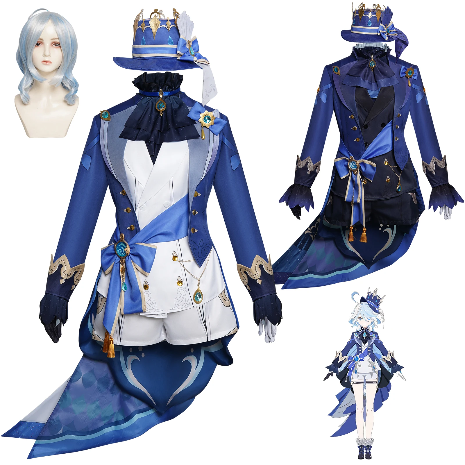 Game Genshin Impact Costume Furina Cosplay Set Fontaine Focalors with Hat Suits Comic Con Animation Performance Costume