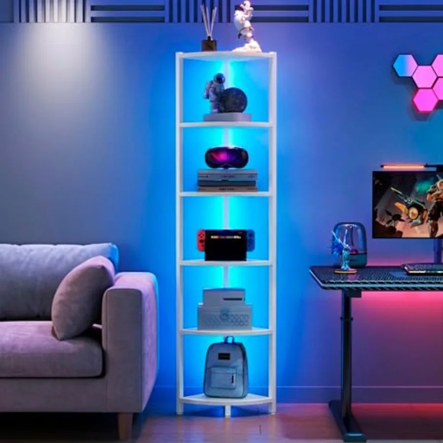 

Угловая полка с LED-подсветкой, 6-ярусная угловая книжная полка 66 дюймов, органайзер, стеллаж для книг, стеллажи с металлическим каркасом, витрина для гостиной