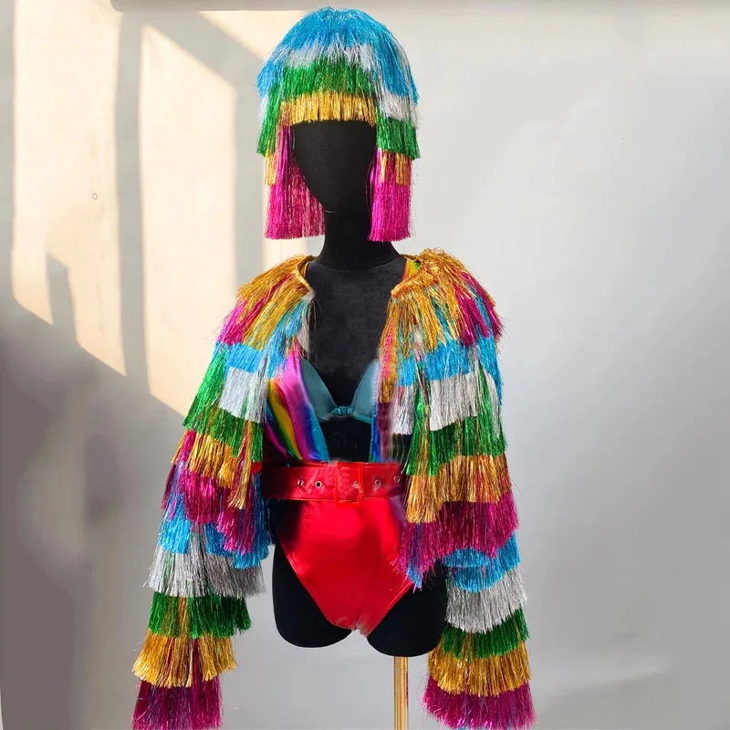 

Bar Nightclub Dj Ds Colorful Fringed Coat Rainbow Bodysuit Headwear Women Jazz Dance Clothing Gogo Dance Costume Festival Outfit