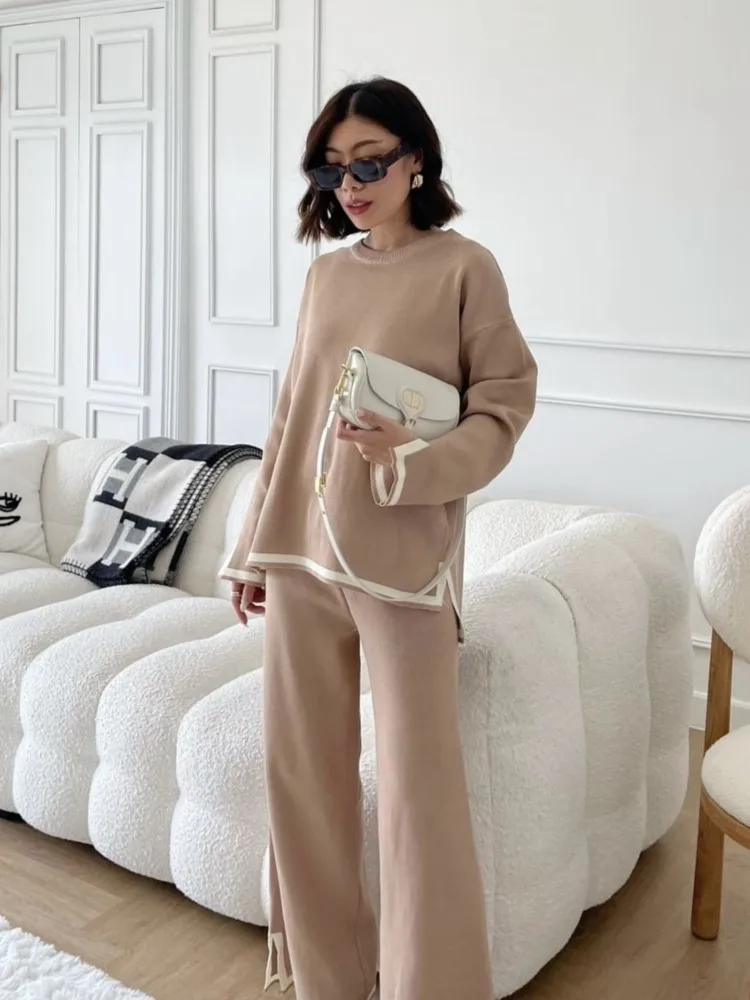 Knitted Autumn 2 Two Piece Set Women Long Sleeve Casual Loose Ladies Tops Fashion High Waist Wide Leg Pants Woman 2023