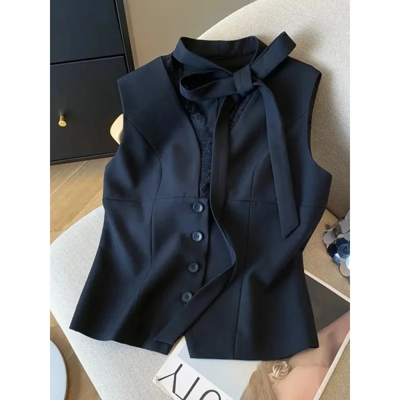

Sexy Sleeveless Vest Women Korean Lace Patchwork Crop Tops 2000S Aesthetic Office Lady Cardigan Top Kpop Hot Female Summer New