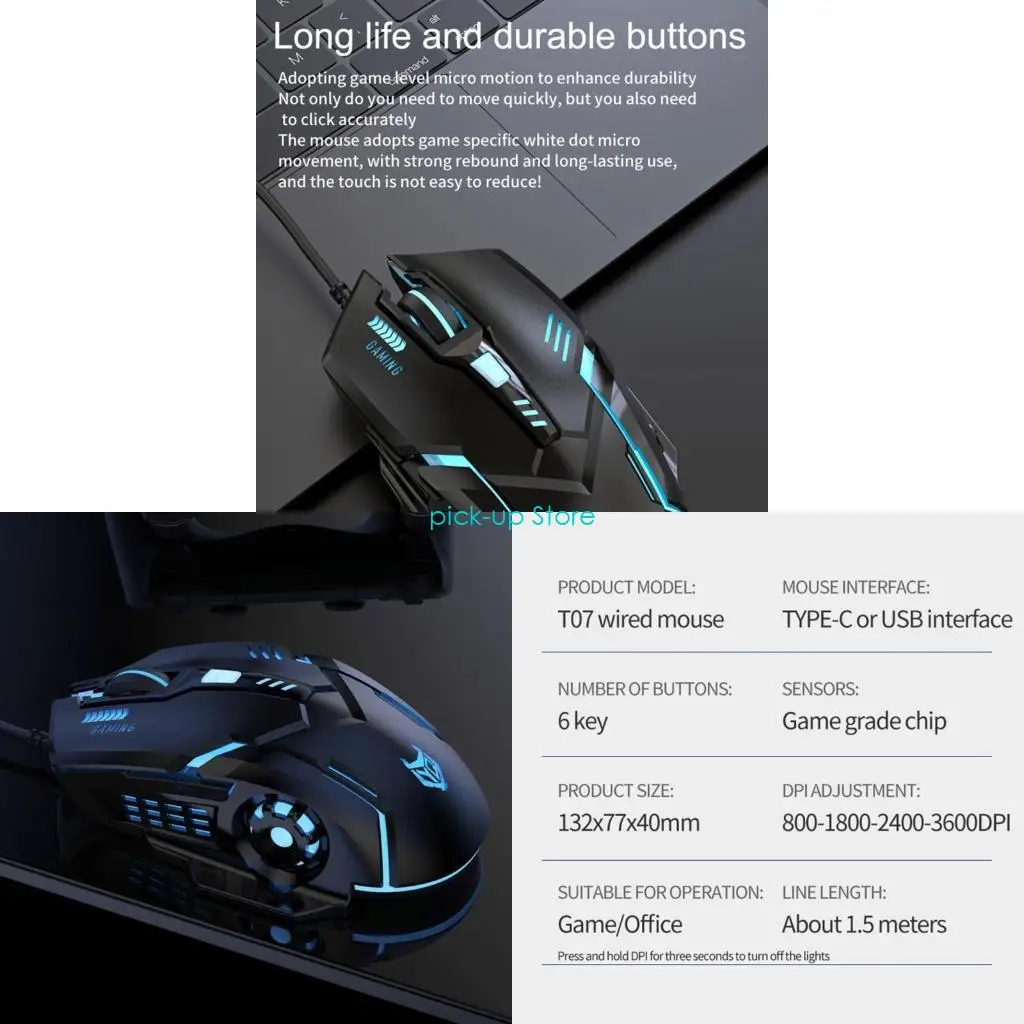 

Q5WA TypeC Corded Mouse USB C Gaming Mouse with Adjustable 3600DPI Backlit Ergonomic