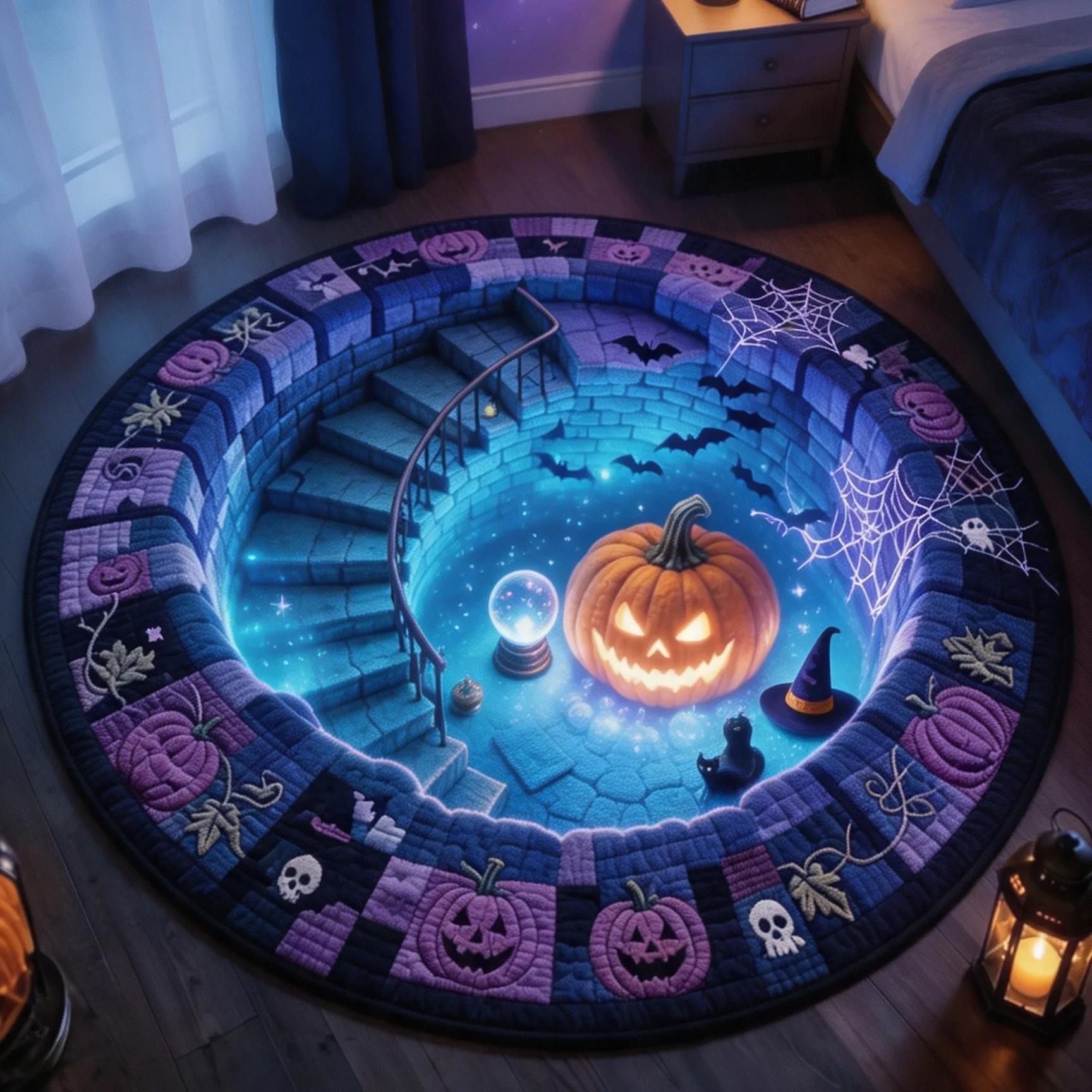 Treppenhaus-Abgrund Runder Teppich Wohnzimmer Großer Teppich Halloween Lila Kürbis Kreisteppich Schlafzimmer Stuhlunterlage