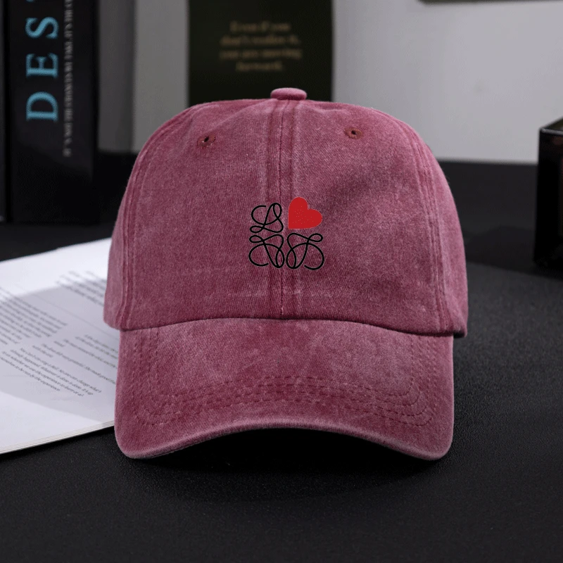 Washed Distressed Baseball Cap Men Women Cotton Vintage Dad Hat Heart Icon Line Art Heat Transfer Print Low Profile Curved Brim