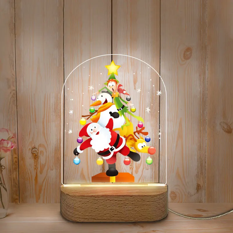 

USB LED Night Light Personalized Christmas Color Printing Night Lamp Wooden Base NightLight for Home Baby Mother Room Decoration