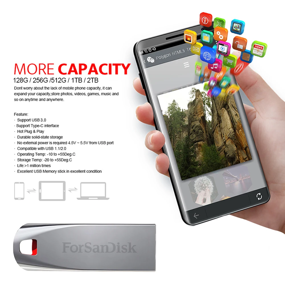 Forsandisk Flash Drivers 256Gb No-Slip High Speed Usb 3.0 Pendrive 1Tb Usb Stick 2Tb Key Usb Memory Stick Adapter Laptop/Telefoon