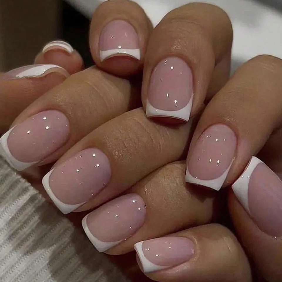24 uñas postizas cortas cuadradas rosas, uñas postizas francesas, arte de uñas removible para parejas, citas, fiestas al aire libre