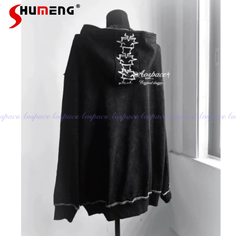 

Handsome Hooded Sweatshirt Dark Black Cool Long-sleeves Hoodies Top Japanese Subculture Rib Print Tie Dye Stitching Sudaderas
