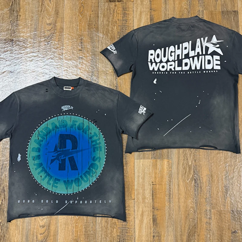Summer New Rough Play Men Loose Short Sleeve Tee Vintage Washed Destroyed Edge Gradient Circle Slogan Print Street Top