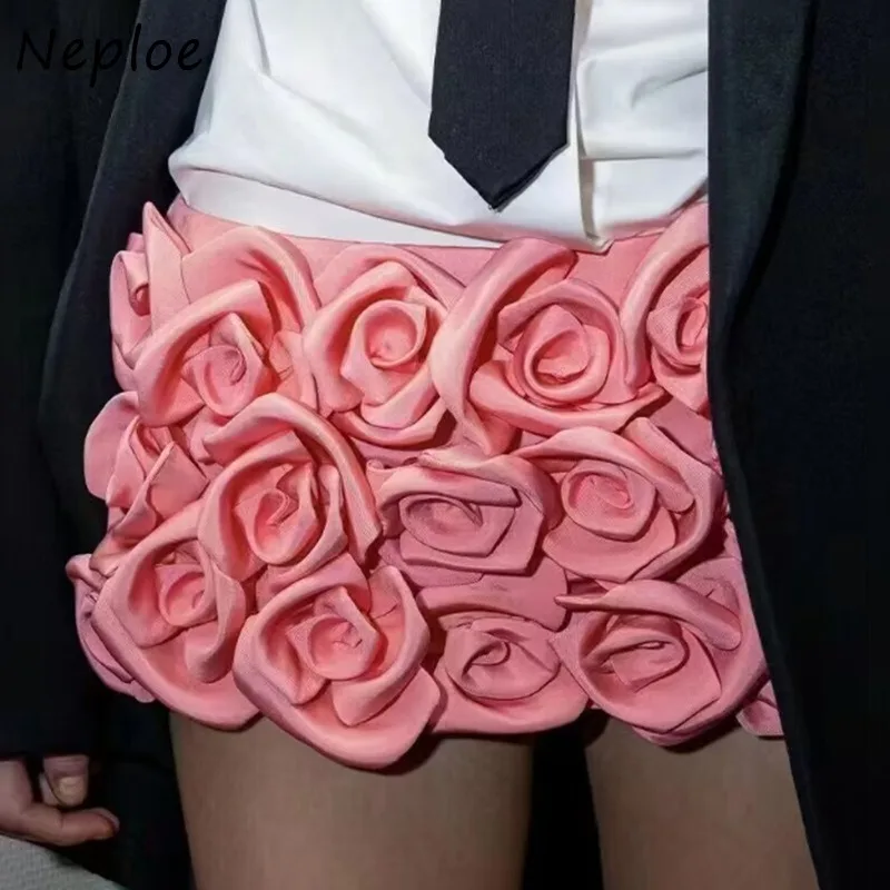 

Neploe 2024 Spring New A-line Skirt for Women Fashion Vintage 3D Rose Shorts Skirts Y2k High Waist Black Faldas Mujer Moda