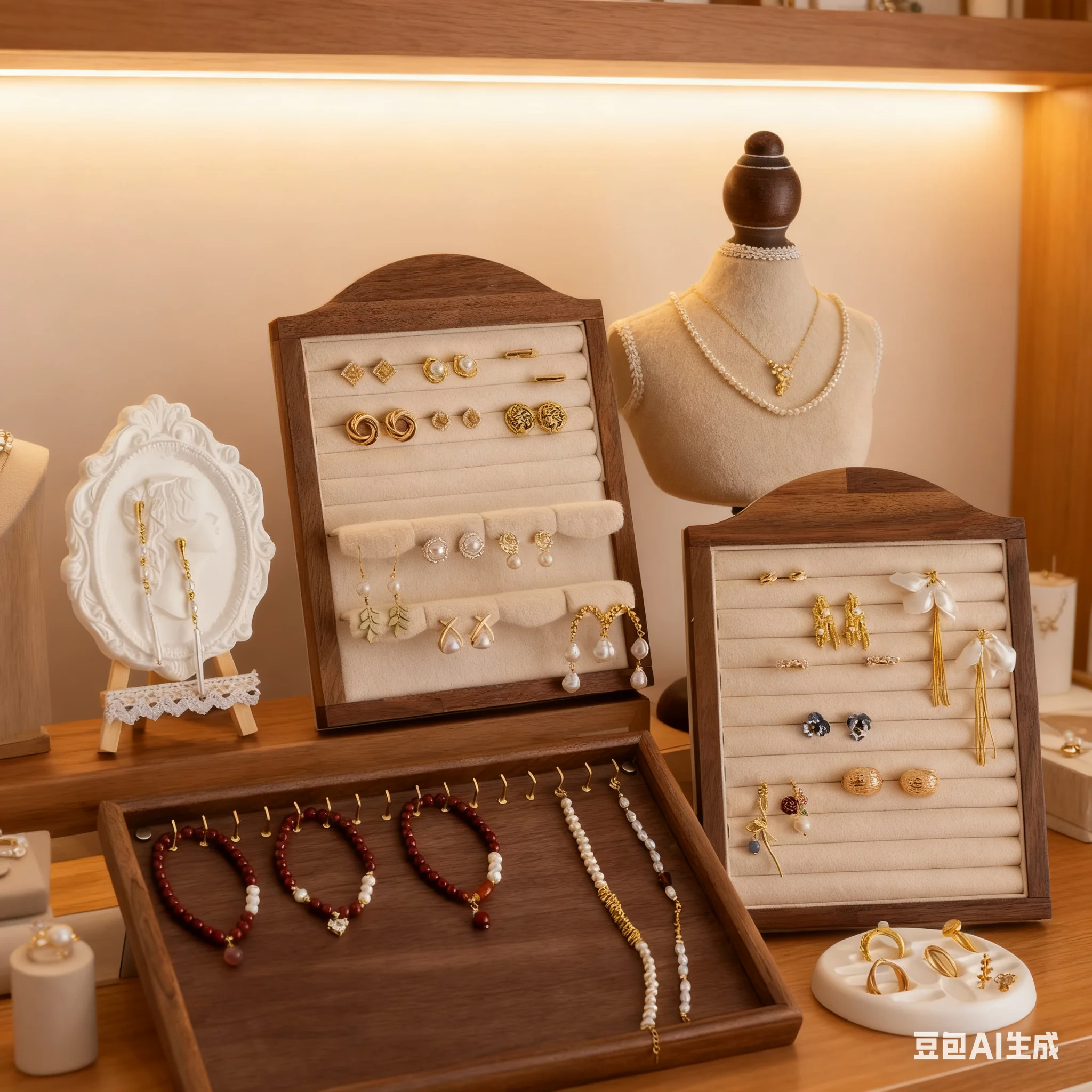 Walnut Wood Jewelry Display Stand with Velvet, Multi-Functional Ring Earring Bracelet Holder Organizer for Counter Showcase