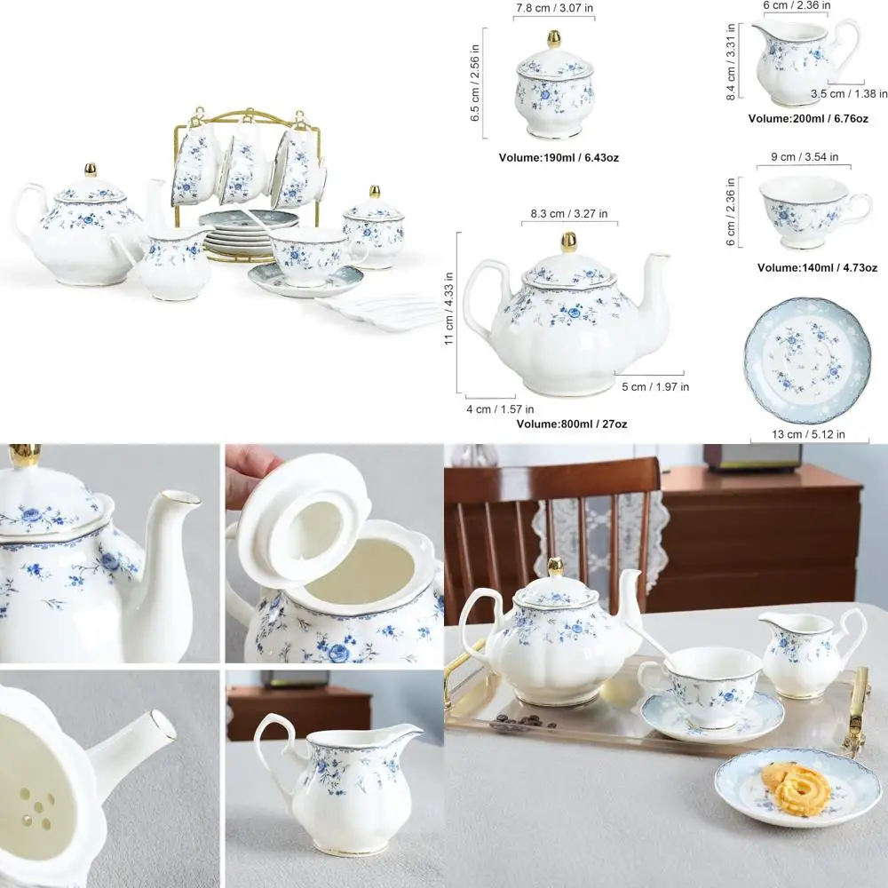 

Blue Rose 15-Piece Porcelain Tea Set with British Floral Teapot and Cups for a Women's Tea Party for 6