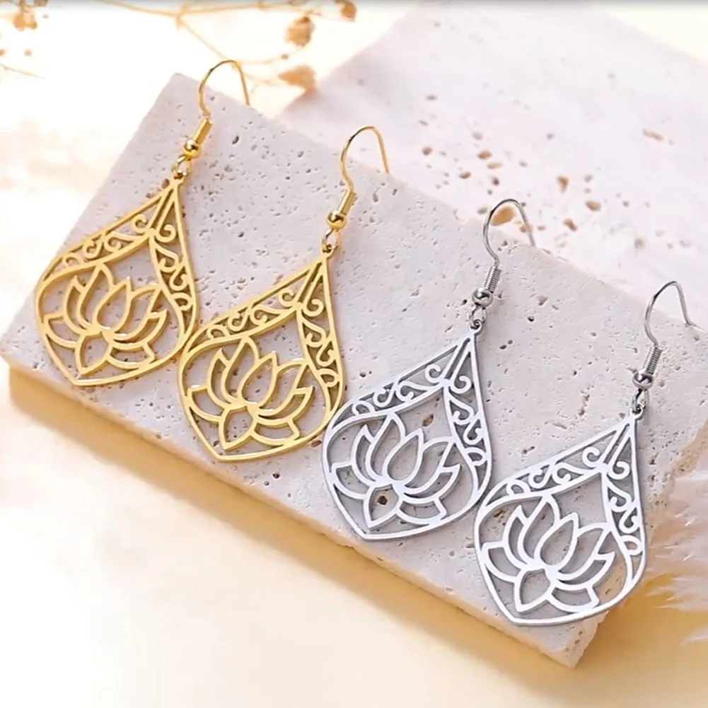 COOLTIME Lotus Flower Earrings Stainless Steel Drop Dangle Women's Earring Yoga Buddhism Jewelry Gifts Amulet Wholesale